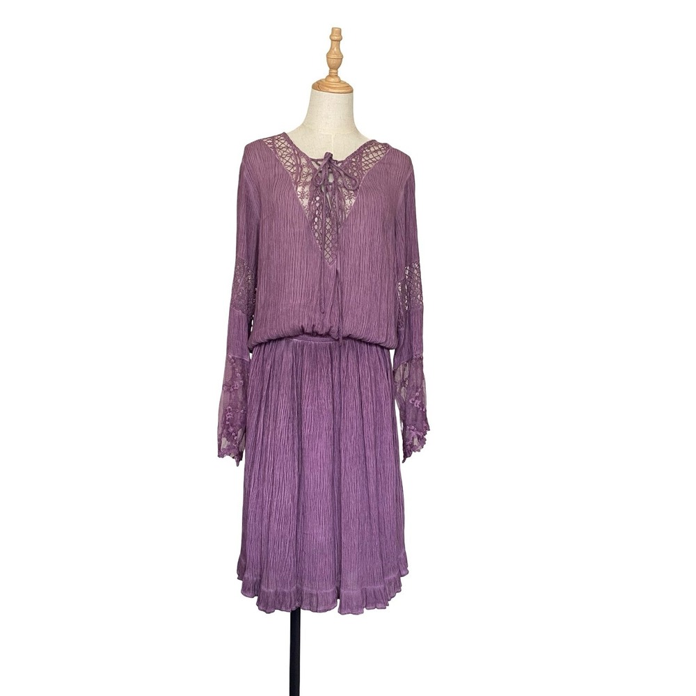 Indigo Thread Co Purple Boho Lace Up Bell Sleeve Dress Plus‎ Size 1X